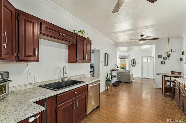 3768 S Acoma St, Englewood, CO 80110 - kitchen featuring a sink, light wood-style flooring, ceiling fan, and dishwasher