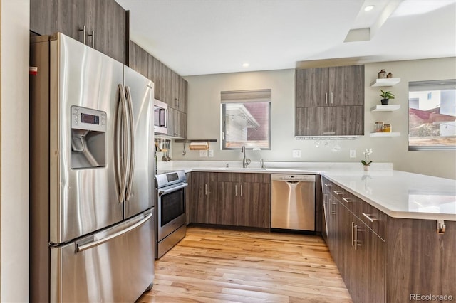 kitchen featuring sink, kitchen peninsula, dark brown cabinets, appliances with stainless steel finishes, and light hardwood / wood-style floors