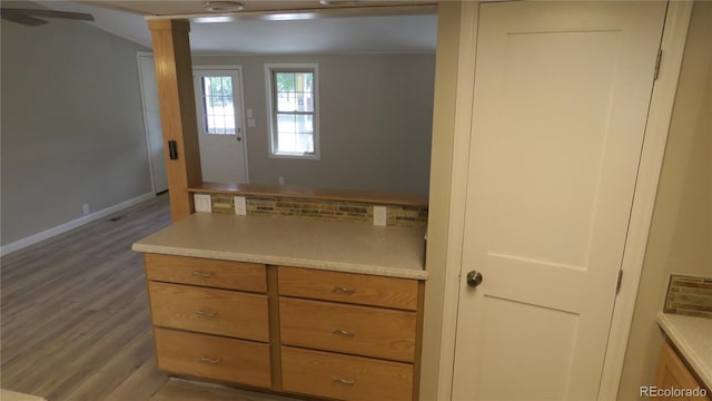 150 Palmer Ave, Poncha Springs, CO 81242 - kitchen featuring wood finished floors, light countertops, and brown cabinetry