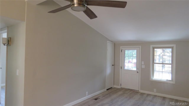 150 Palmer Ave, Poncha Springs, CO 81242 - doorway to outside featuring lofted ceiling, ceiling fan, and light wood-type flooring