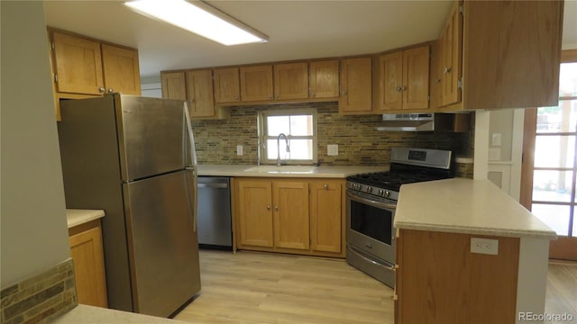 150 Palmer Ave, Poncha Springs, CO 81242 - kitchen with appliances with stainless steel finishes, under cabinet range hood, light countertops, and light wood-type flooring
