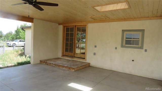 150 Palmer Ave, Poncha Springs, CO 81242 - doorway to property with ceiling fan, stucco siding, and a patio