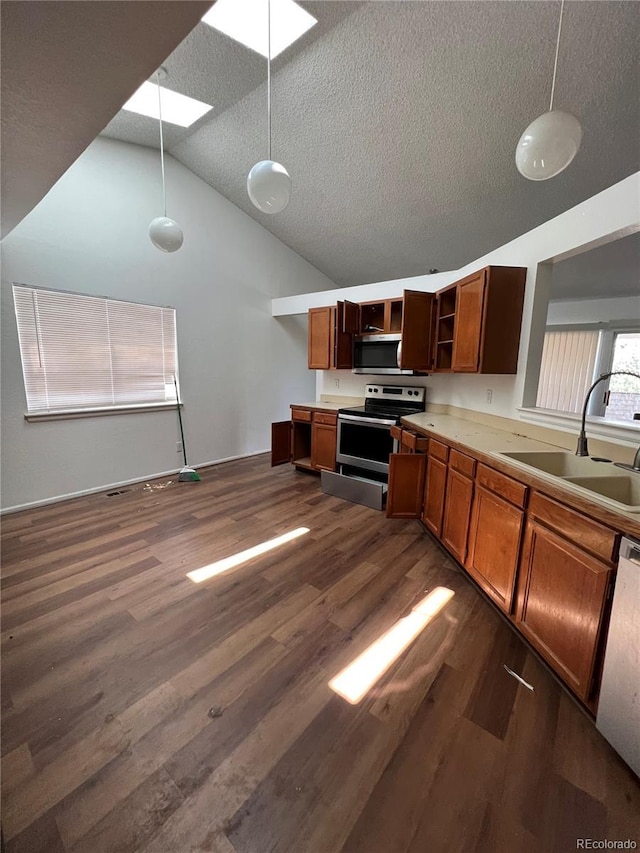 kitchen with appliances with stainless steel finishes, vaulted ceiling, sink, dark hardwood / wood-style floors, and hanging light fixtures