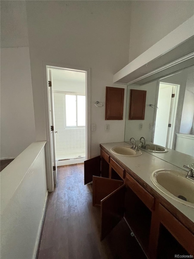 bathroom featuring vanity and hardwood / wood-style flooring