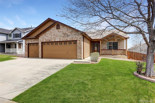 single story home featuring a garage, a porch, driveway, and brick siding