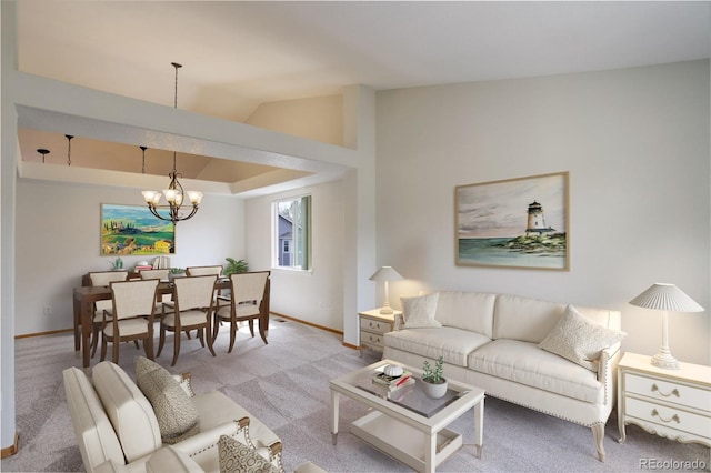living area with light colored carpet, a chandelier, baseboards, and lofted ceiling