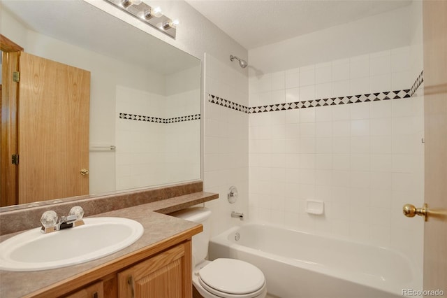 full bath with toilet, shower / bathtub combination, and vanity
