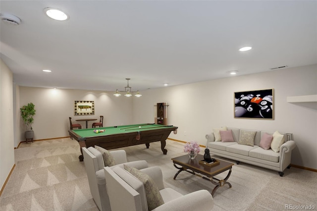 rec room featuring billiards, light colored carpet, baseboards, and recessed lighting