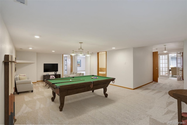 rec room with light carpet, pool table, baseboards, and recessed lighting