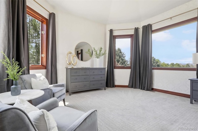 sitting room featuring baseboards, carpet flooring, and a wealth of natural light