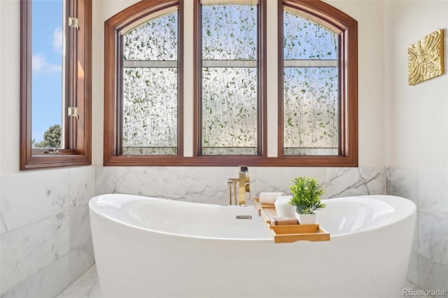bathroom featuring a freestanding tub, tile walls, and plenty of natural light