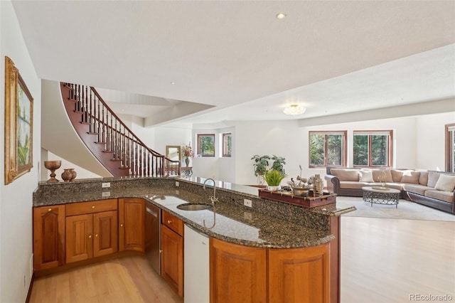 kitchen featuring stainless steel dishwasher, brown cabinets, a sink, open floor plan, and light wood-style flooring