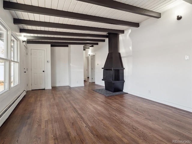 unfurnished living room featuring beamed ceiling, dark wood-type flooring, a baseboard radiator, and a wood stove