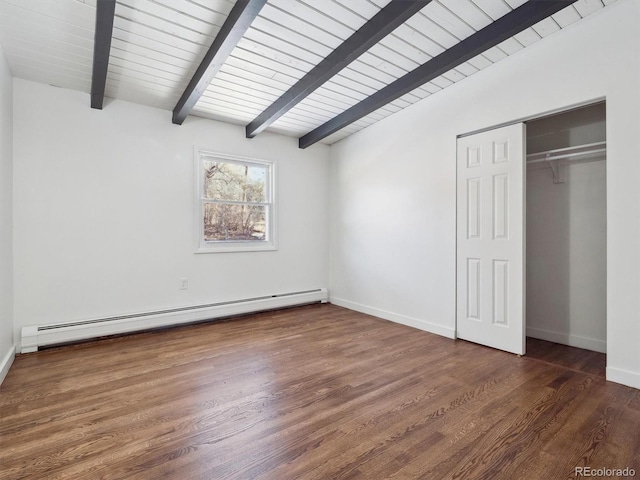 unfurnished bedroom with dark wood-type flooring, a baseboard radiator, a closet, and vaulted ceiling with beams