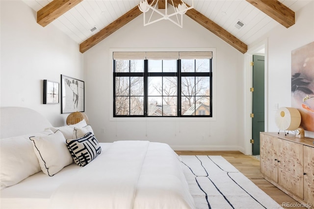 bedroom featuring vaulted ceiling with beams, wood finished floors, and visible vents