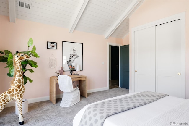 bedroom with visible vents, carpet flooring, lofted ceiling with beams, and baseboards