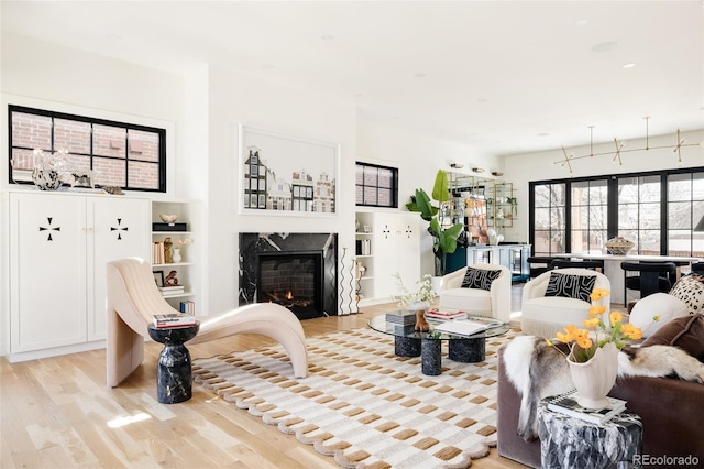 living area featuring light wood-style flooring and a fireplace