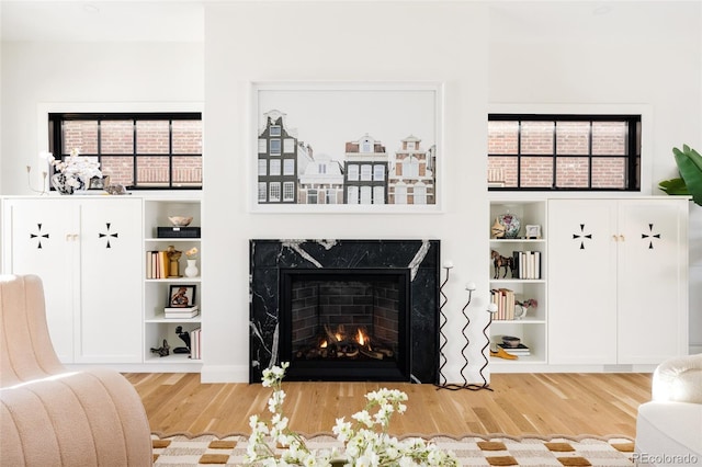 interior space featuring a premium fireplace, plenty of natural light, and wood finished floors