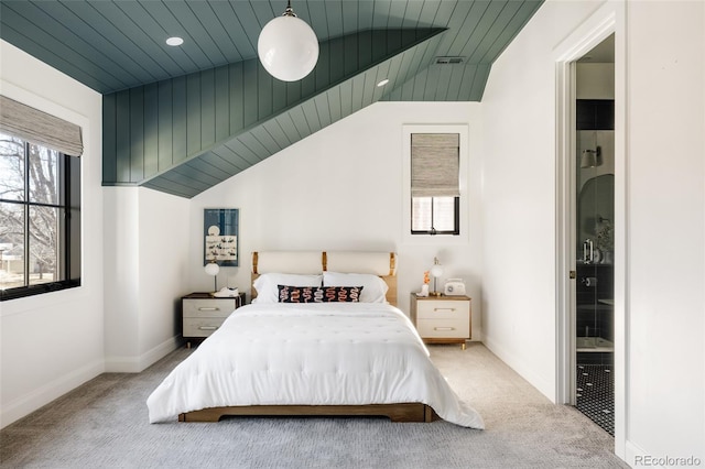 carpeted bedroom with visible vents, multiple windows, baseboards, and vaulted ceiling