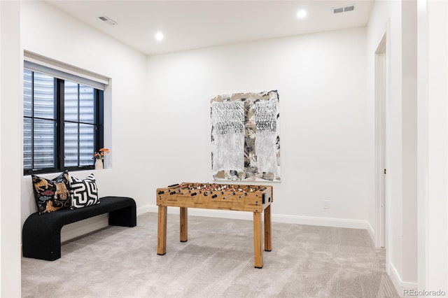 recreation room with recessed lighting, baseboards, visible vents, and carpet flooring