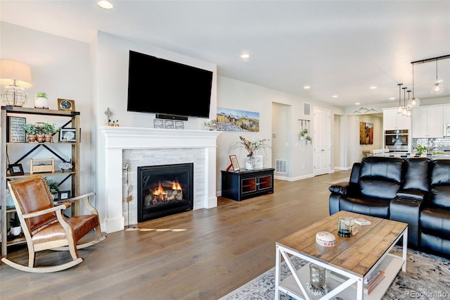 living room with wood-type flooring and a stone fireplace