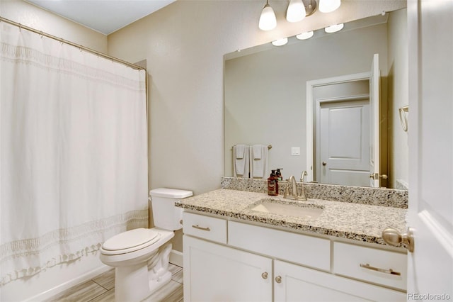 full bathroom with vanity, toilet, wood-type flooring, and shower / bathtub combination with curtain