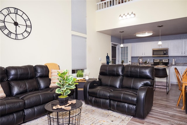 living room featuring sink and light hardwood / wood-style floors