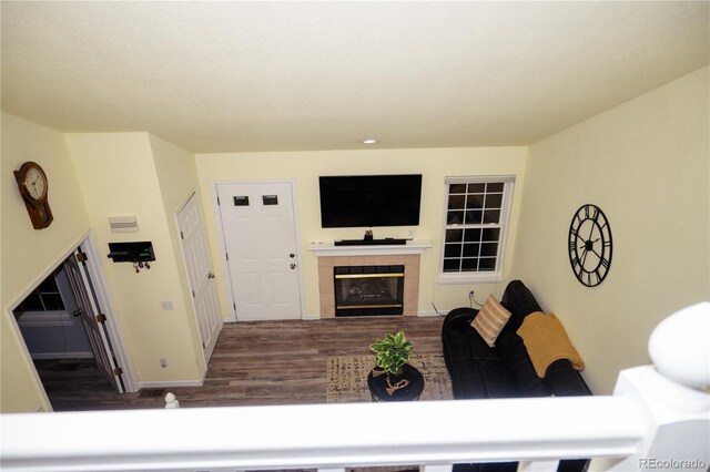 living room with dark hardwood / wood-style floors and a fireplace