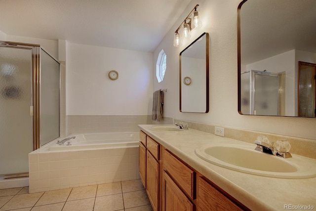 22739 E Prentice Pl, Aurora, CO 80015 - bathroom with a stall shower, a garden tub, double vanity, and tile patterned flooring