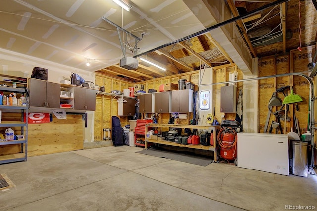 22739 E Prentice Pl, Aurora, CO 80015 - garage with a garage door opener, a workshop area, and fridge