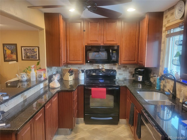 2190 S Holly St Unit 213, Denver, CO 80222 - kitchen featuring black appliances, a ceiling fan, dark stone counters, and tasteful backsplash