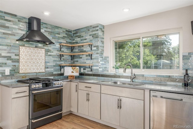 6273 S Prescott St, Littleton, CO 80120 - kitchen featuring appliances with stainless steel finishes, wall chimney exhaust hood, open shelves, decorative backsplash, and recessed lighting