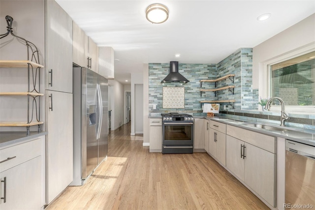 6273 S Prescott St, Littleton, CO 80120 - kitchen featuring open shelves, stainless steel appliances, wall chimney exhaust hood, backsplash, and light wood-style flooring