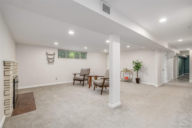 6273 S Prescott St, Littleton, CO 80120 - living area featuring light carpet, recessed lighting, and a brick fireplace