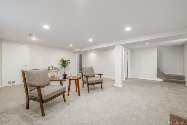 6273 S Prescott St, Littleton, CO 80120 - living area featuring light carpet, recessed lighting, and stairs