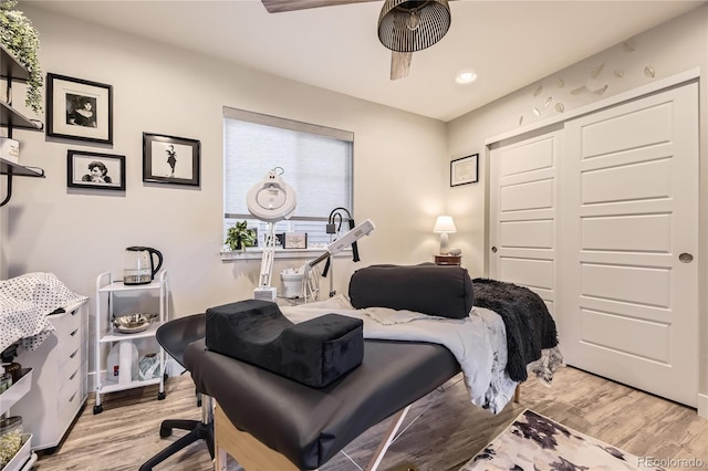 6211 Stable View St, Castle Pines, CO 80108 - bedroom featuring light wood-type flooring, a closet, ceiling fan, and recessed lighting