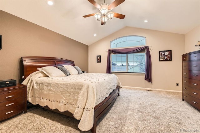 bedroom with lofted ceiling, recessed lighting, light carpet, ceiling fan, and baseboards