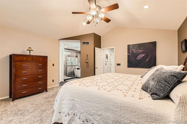 bedroom featuring lofted ceiling, baseboards, a ceiling fan, and light colored carpet