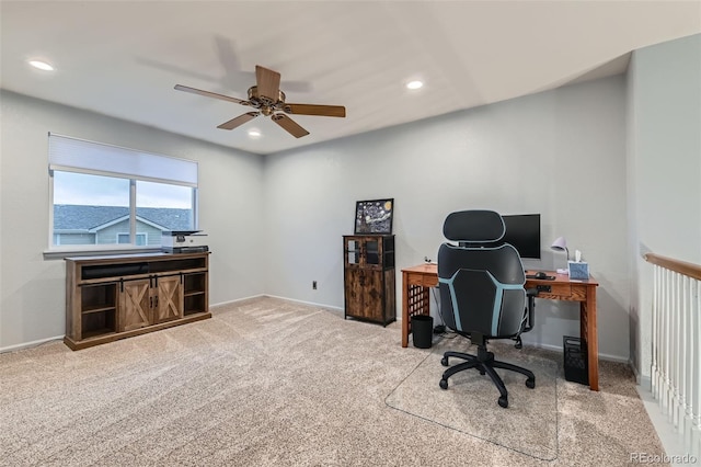 carpeted home office with baseboards, a ceiling fan, and recessed lighting