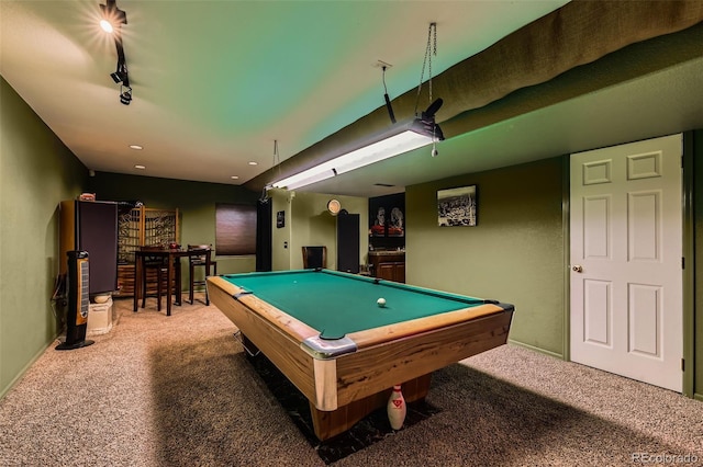 recreation room with pool table, carpet, and rail lighting