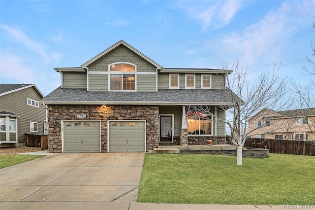view of front of house with covered porch, an attached garage, stone siding, driveway, and a shingled roof
