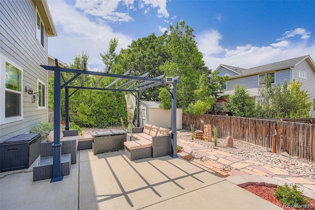 1793 E 164th Pl, Thornton, CO 80602 - fenced backyard featuring an outdoor living space, a storage shed, a patio, and a pergola