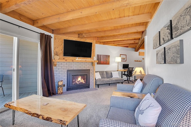 living room with wood ceiling, carpet floors, beam ceiling, and a brick fireplace