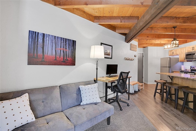 office space with light hardwood / wood-style flooring, beam ceiling, and wooden ceiling