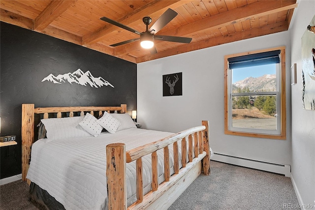 carpeted bedroom with beam ceiling, wooden ceiling, a baseboard radiator, and ceiling fan