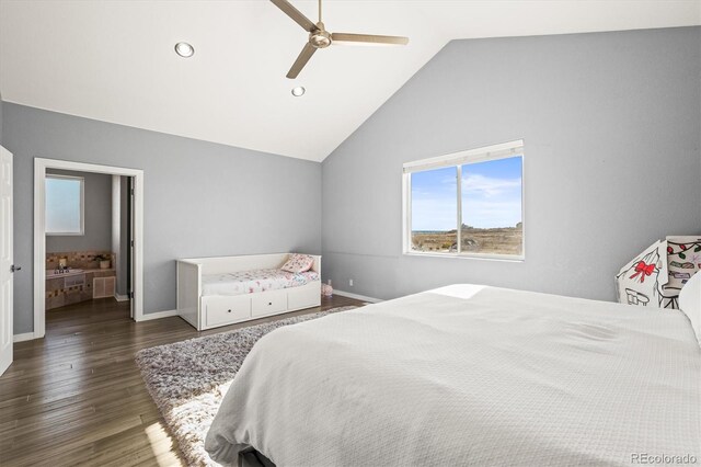 bedroom featuring ceiling fan, high vaulted ceiling, and dark wood-type flooring