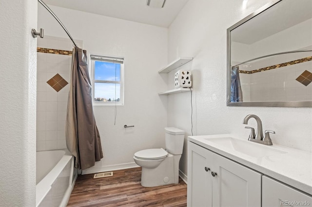 full bathroom with vanity, toilet, wood-type flooring, and shower / tub combo with curtain