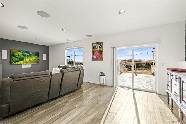 living room with light hardwood / wood-style flooring and a wealth of natural light