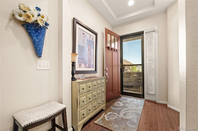 3418 New Haven Cir, Castle Rock, CO 80109 - entryway featuring dark wood-style flooring, baseboards, and a raised ceiling