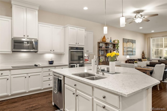 3418 New Haven Cir, Castle Rock, CO 80109 - kitchen featuring appliances with stainless steel finishes, a sink, open floor plan, tasteful backsplash, and dark wood-type flooring